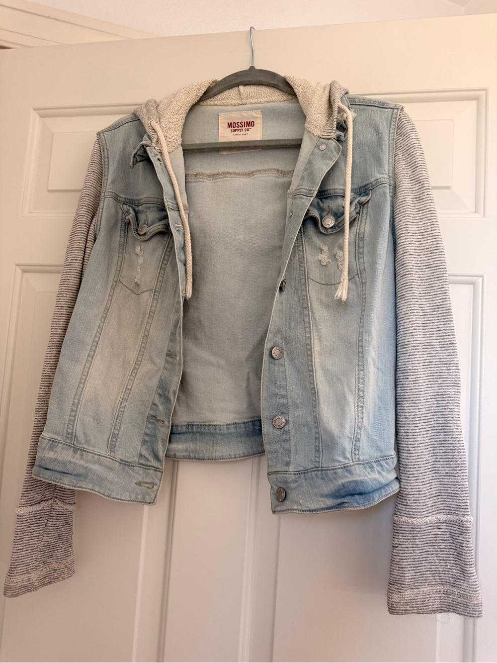 Mossimo Supply Co. Light Wash Denim Jacket with Gray Knit Sleeves and Hood